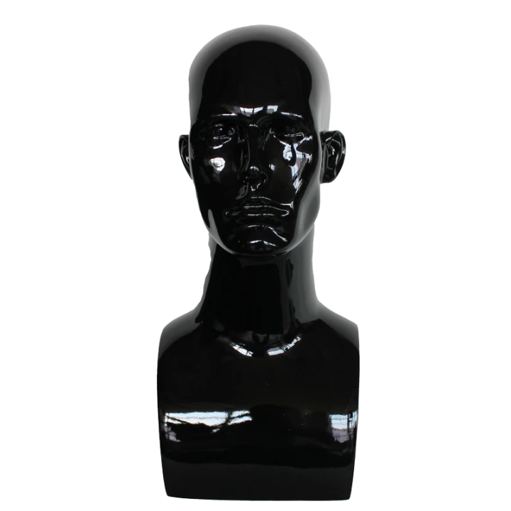 USED 19 in H Glossy Black Featured Face Male Head Mannequin MH9-HB