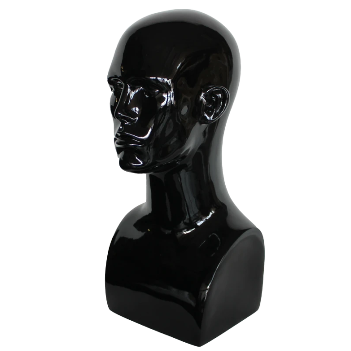 USED 19 in H Glossy Black Featured Face Male Head Mannequin MH9-HB