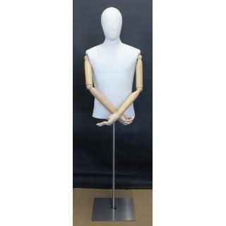 USED OFF-WHITE Linen Male Half Body mannequin with wooden Arms Floor Metal Base BFMH-1WM