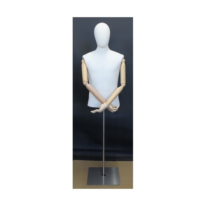 USED OFF-WHITE Linen Male Half Body mannequin with wooden Arms Floor Metal Base BFMH-1WM