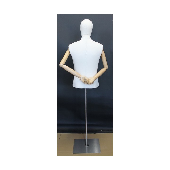 USED OFF-WHITE Linen Male Half Body mannequin with wooden Arms Floor Metal Base BFMH-1WM