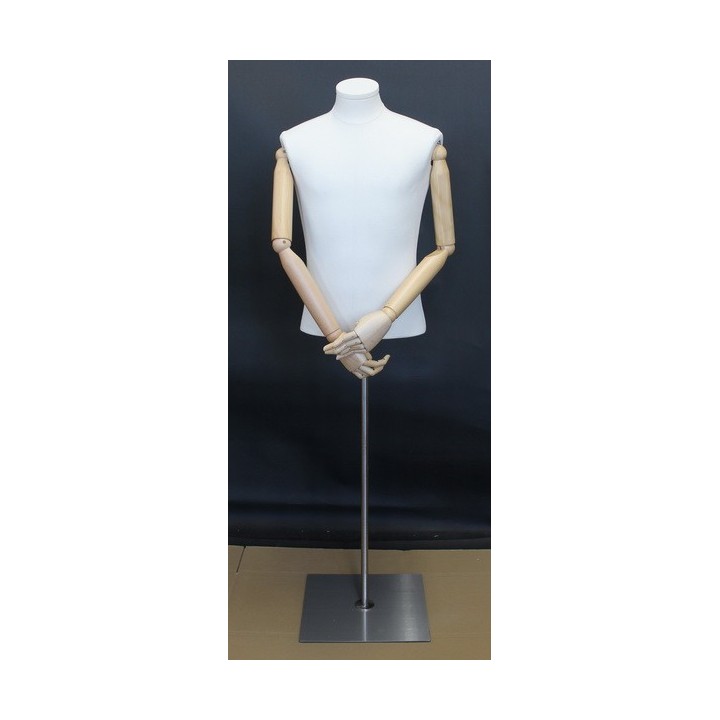 USED OFF-WHITE Linen Male Half Body mannequin with wooden Arms Floor Metal Base BFMH-1WM