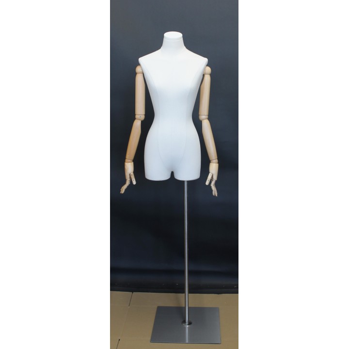 USED Female 3Q Body mannequin wooden Arms Floor Metal Base BFWH-2WM