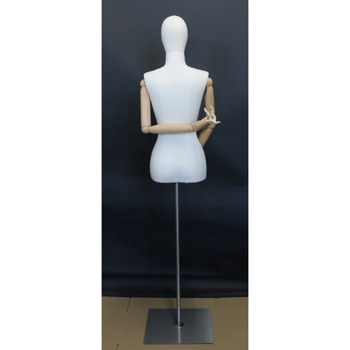 USED-BFWH-1WM - OFF-White Linen Female Half Body mannequin wooden Arms Floor Metal Base