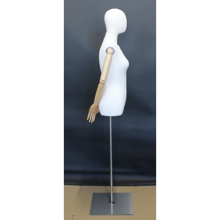 USED-BFWH-1WM - OFF-White Linen Female Half Body mannequin wooden Arms Floor Metal Base