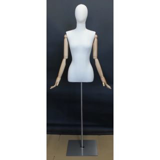 USED-BFWH-1WM - OFF-White Linen Female Half Body mannequin wooden Arms Floor Metal Base