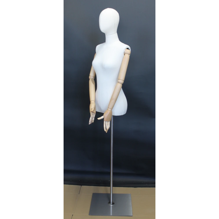 USED-BFWH-1WM - OFF-White Linen Female Half Body mannequin wooden Arms Floor Metal Base