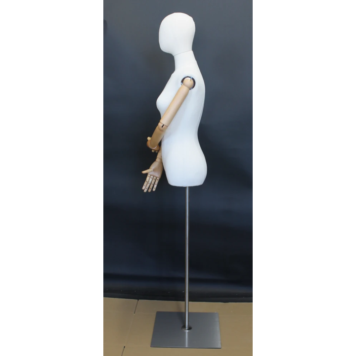 USED-BFWH-1WM - OFF-White Linen Female Half Body mannequin wooden Arms Floor Metal Base