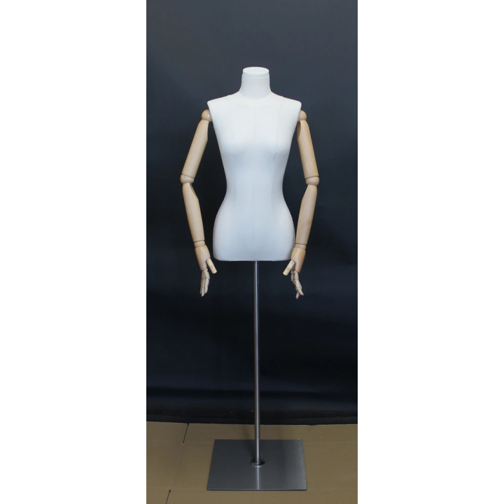USED-BFWH-1WM - OFF-White Linen Female Half Body mannequin wooden Arms Floor Metal Base