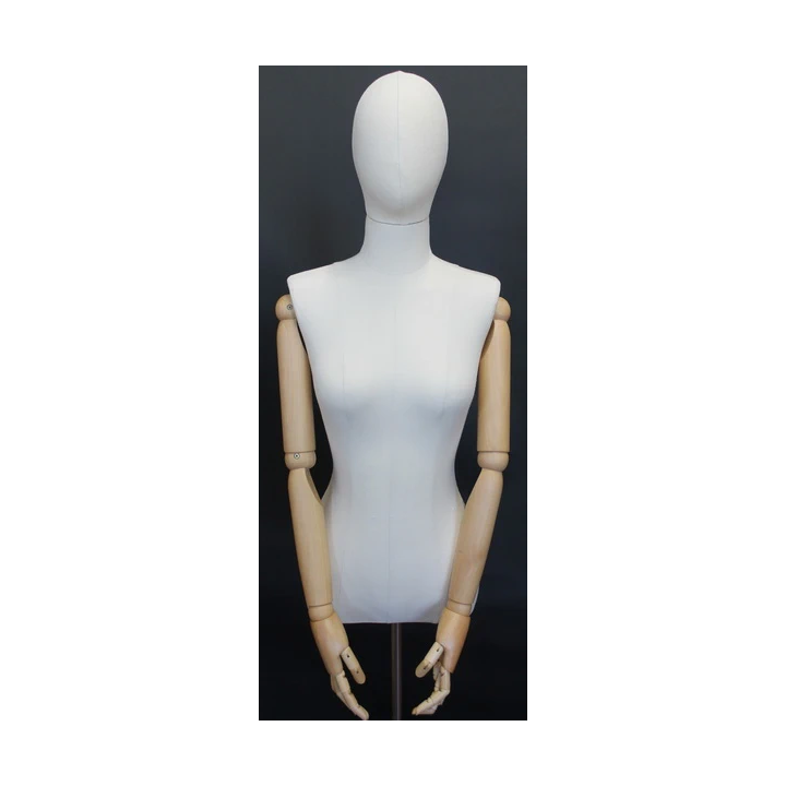 USED-BFWH-1WM - OFF-White Linen Female Half Body mannequin wooden Arms Floor Metal Base