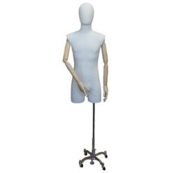 Male 3Q Body mannequin with wooden Arms Chrome 4 Wheel Base BFMH-2-DMB-CH