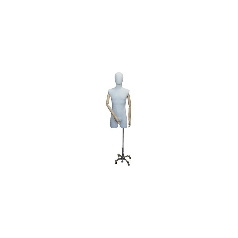 Male 3Q Body mannequin with wooden Arms Chrome 4 Wheel Base BFMH-2-DMB-CH