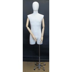 Male 3Q Body mannequin with wooden Arms Chrome 4 Wheel Base BFMH-2-DMB-CH