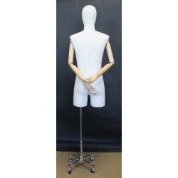 Male 3Q Body mannequin with wooden Arms Chrome 4 Wheel Base BFMH-2-DMB-CH